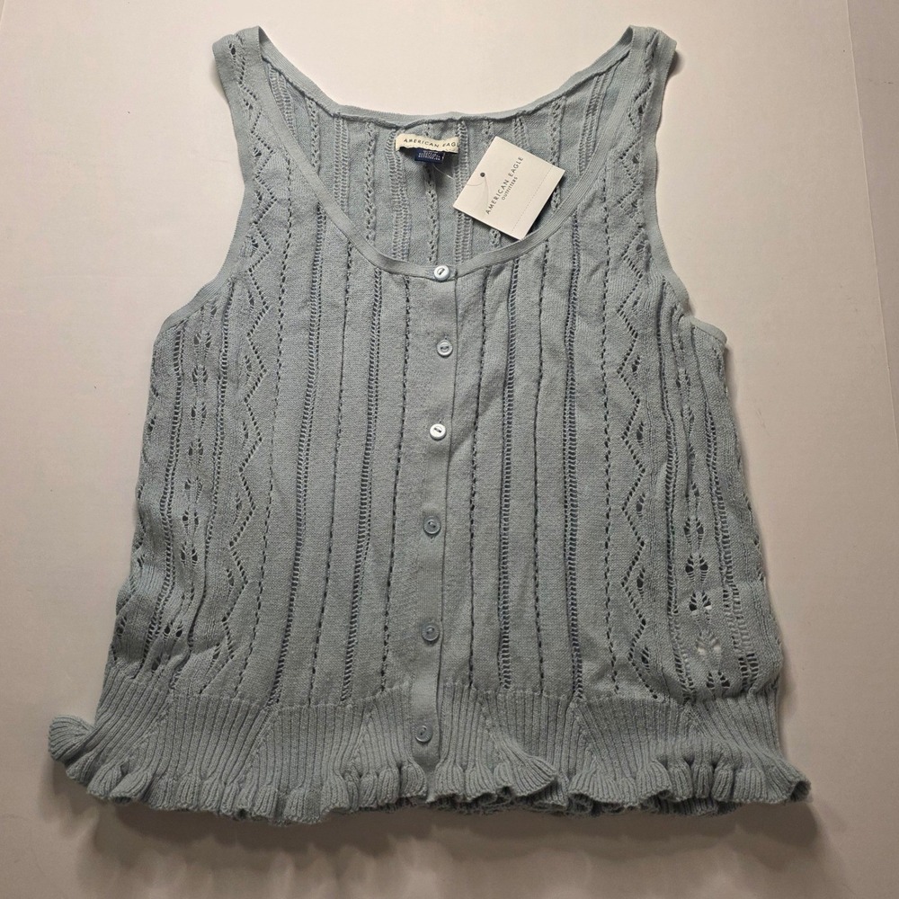 American Eagle M Light Blue Pointelle Knit Tank Top Button Front‎ Ruffle Hem